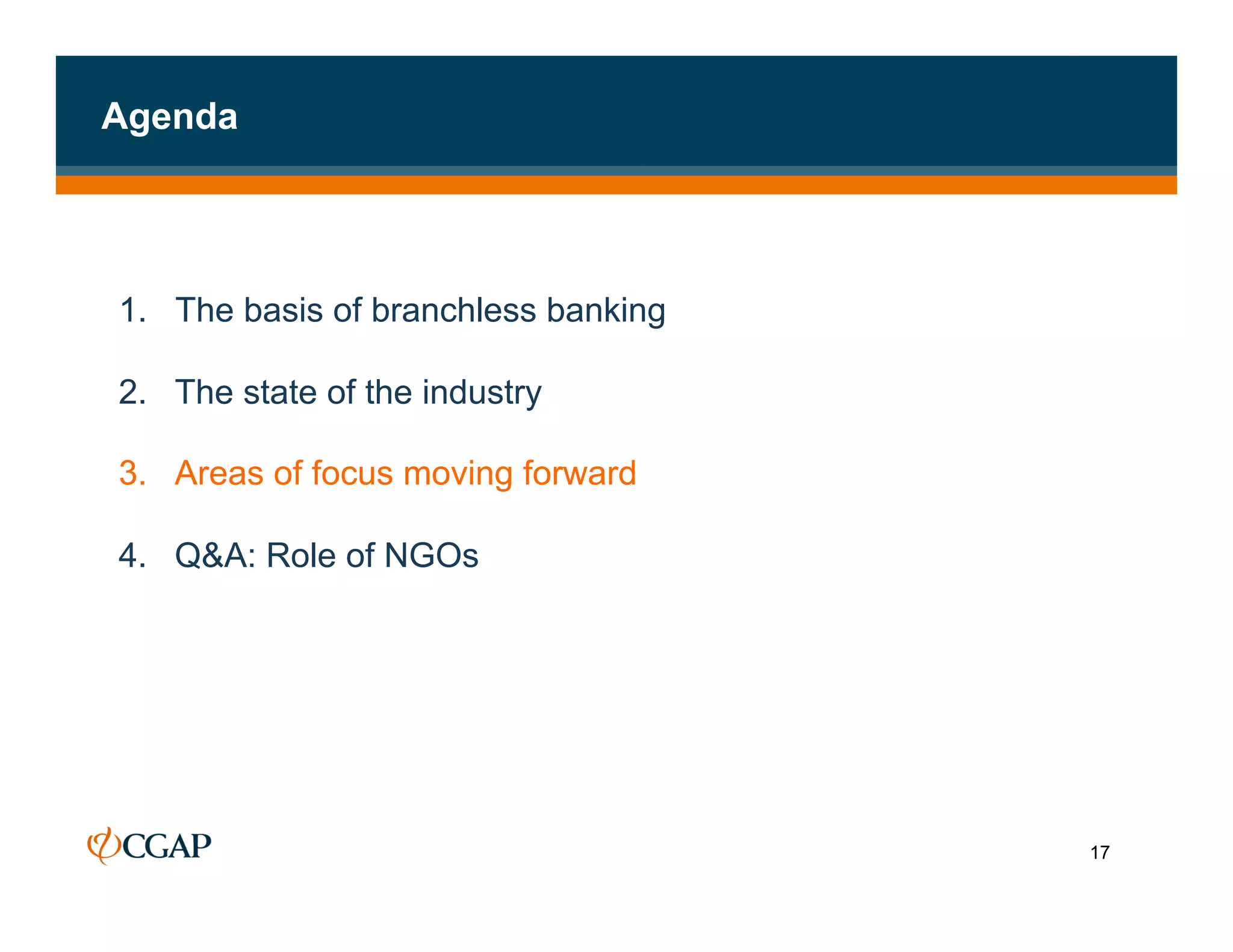 Agenda




1. The basis of branchless banking

2.  The state of the industry

3.  Areas of focus moving forward

4.  Q&A: Role of NGOs




                                     17
 