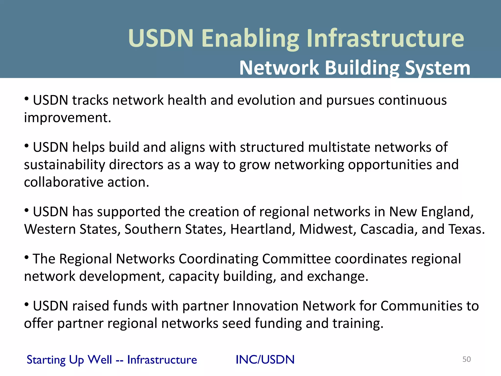 USDN Enabling Infrastructure
                                     Network Building System
• USDN tracks network health and evolution and pursues continuous
improvement.
• USDN helps build and aligns with structured multistate networks of
sustainability directors as a way to grow networking opportunities and
collaborative action.
• USDN has supported the creation of regional networks in New England,
Western States, Southern States, Heartland, Midwest, Cascadia, and Texas.
• The Regional Networks Coordinating Committee coordinates regional
network development, capacity building, and exchange.
• USDN raised funds with partner Innovation Network for Communities to
offer partner regional networks seed funding and training.

Starting Up Well -- Infrastructure   INC/USDN                            50
 