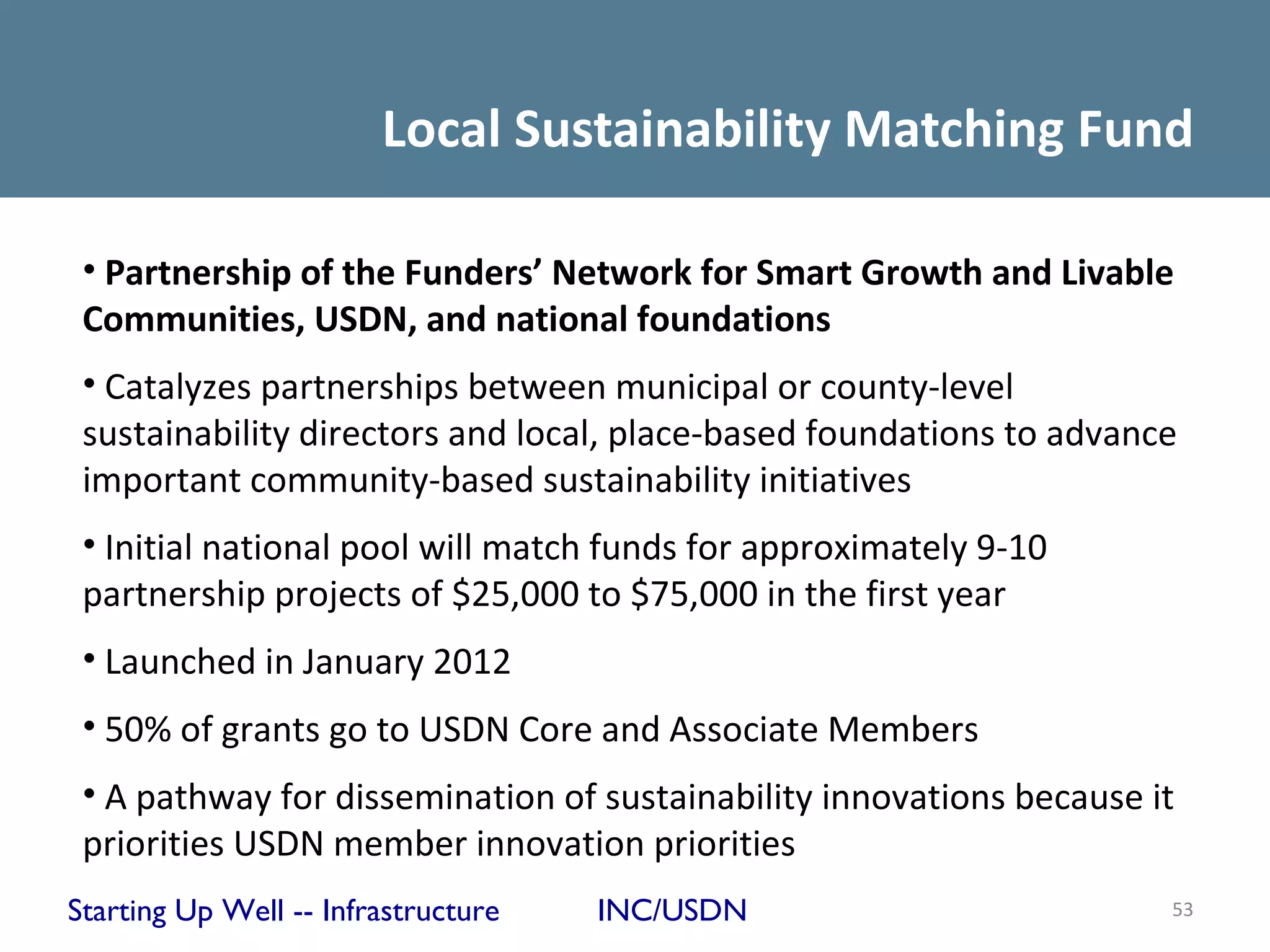 Local Sustainability Matching Fund

 • Partnership of the Funders’ Network for Smart Growth and Livable
 Communities, USDN, and national foundations
 • Catalyzes partnerships between municipal or county-level
 sustainability directors and local, place-based foundations to advance
 important community-based sustainability initiatives
 • Initial national pool will match funds for approximately 9-10
 partnership projects of $25,000 to $75,000 in the first year
 • Launched in January 2012
 • 50% of grants go to USDN Core and Associate Members
 • A pathway for dissemination of sustainability innovations because it
 priorities USDN member innovation priorities
Starting Up Well -- Infrastructure   INC/USDN                         53
 