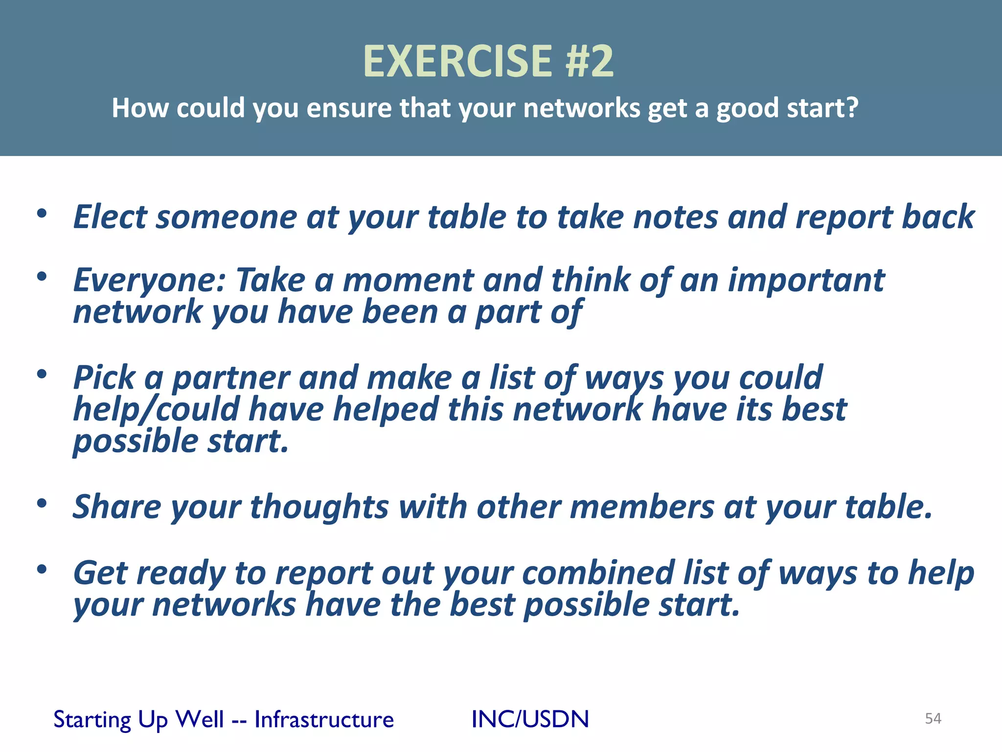 EXERCISE #2
      How could you ensure that your networks get a good start?


• Elect someone at your table to take notes and report back
• Everyone: Take a moment and think of an important
  network you have been a part of
• Pick a partner and make a list of ways you could
  help/could have helped this network have its best
  possible start.
• Share your thoughts with other members at your table.
• Get ready to report out your combined list of ways to help
  your networks have the best possible start.

 Starting Up Well -- Infrastructure   INC/USDN                    54
 