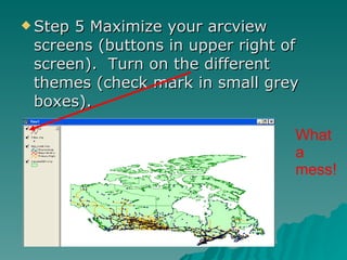 Step 5 Maximize your arcview screens (buttons in upper right of screen).  Turn on the different themes (check mark in small grey boxes). What a mess! 