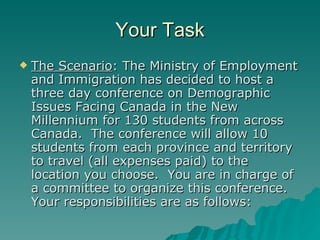 Your Task The Scenario : The Ministry of Employment and Immigration has decided to host a three day conference on Demographic Issues Facing Canada in the New Millennium for 130 students from across Canada.  The conference will allow 10 students from each province and territory to travel (all expenses paid) to the location you choose.  You are in charge of a committee to organize this conference.  Your responsibilities are as follows:  