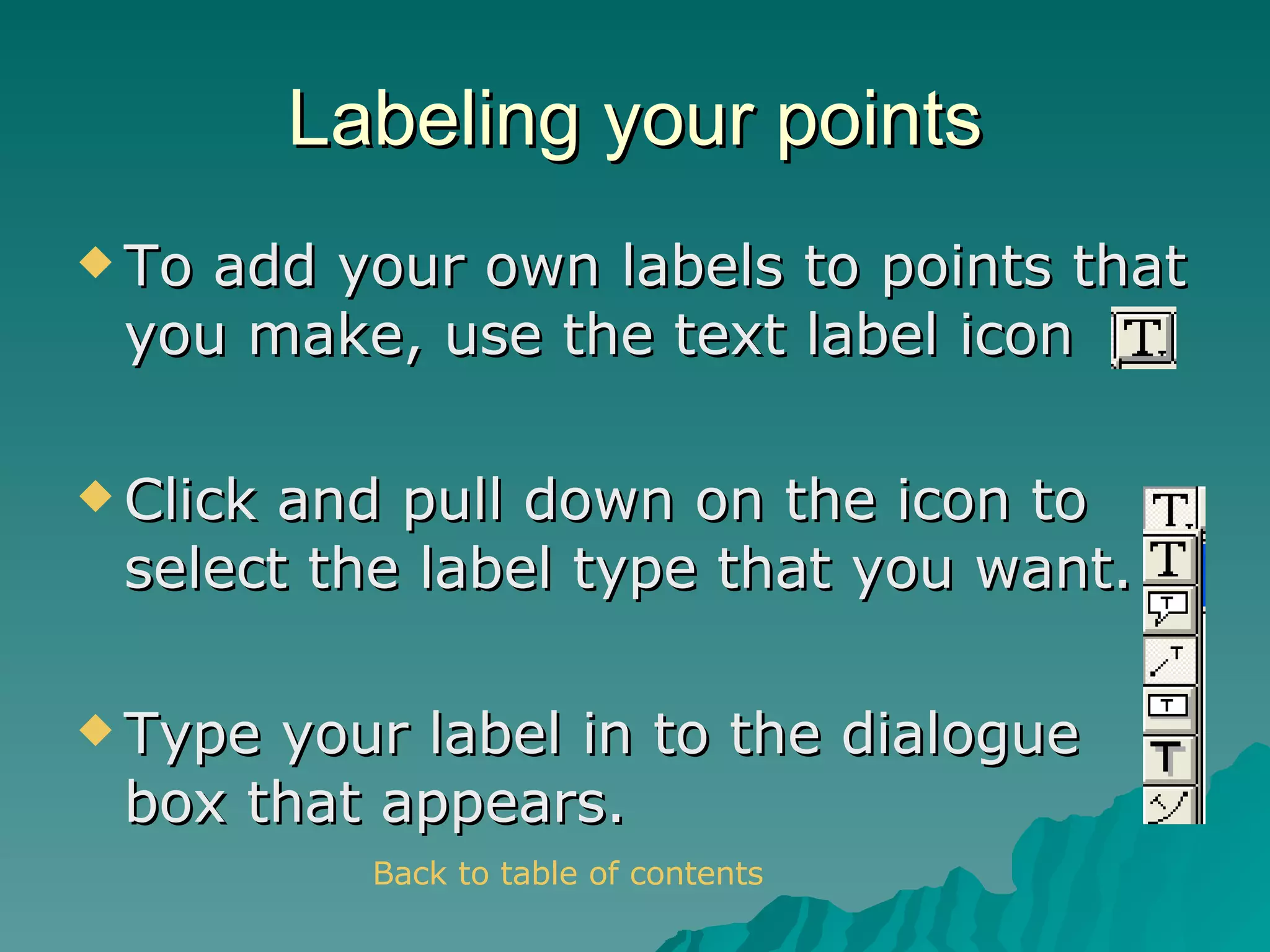 Labeling your points To add your own labels to points that you make, use the text label icon Click and pull down on the icon to select the label type that you want. Type your label in to the dialogue box that appears. Back to table of contents 
