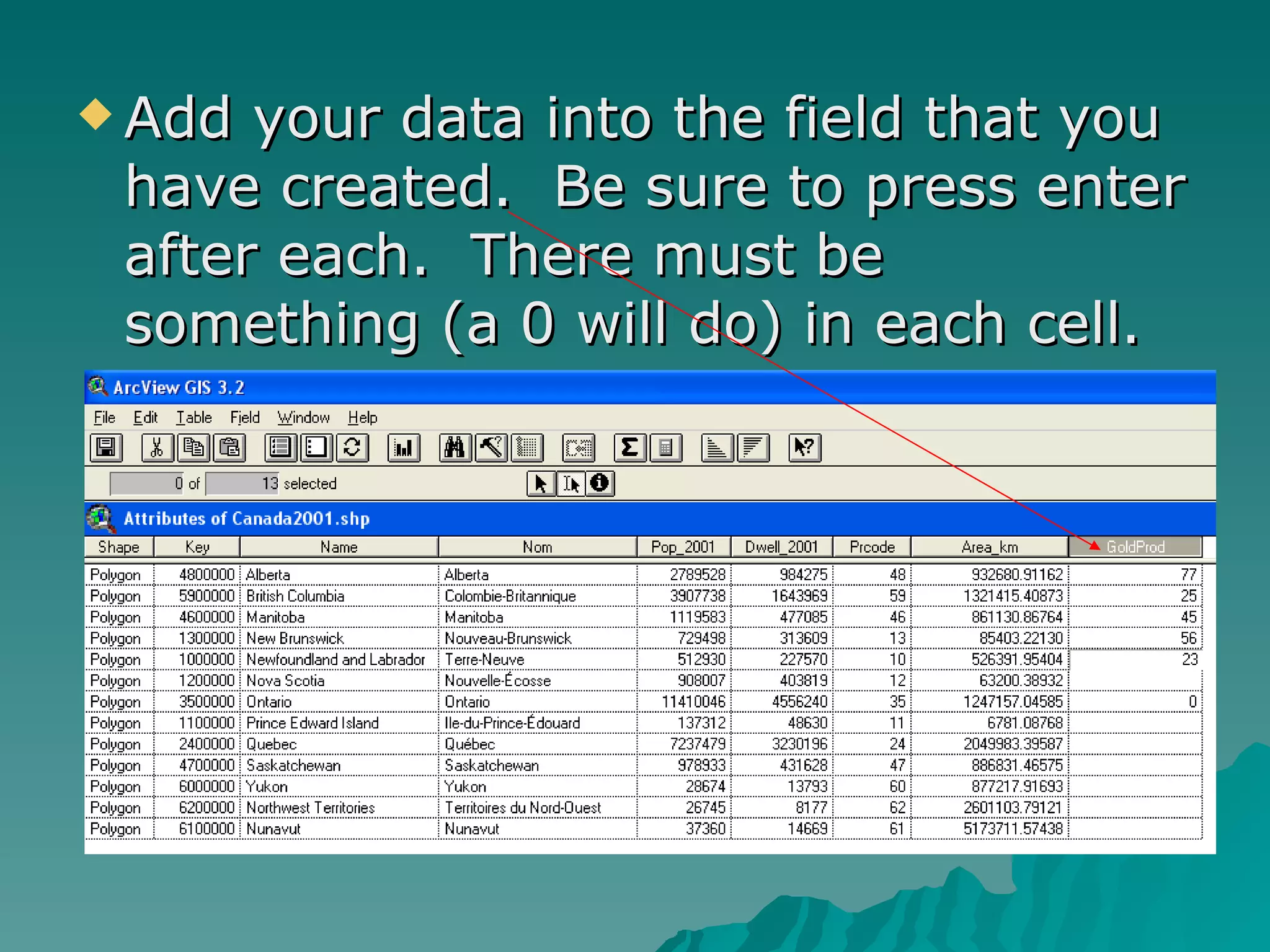 Add your data into the field that you have created.  Be sure to press enter after each.  There must be something (a 0 will do) in each cell. 