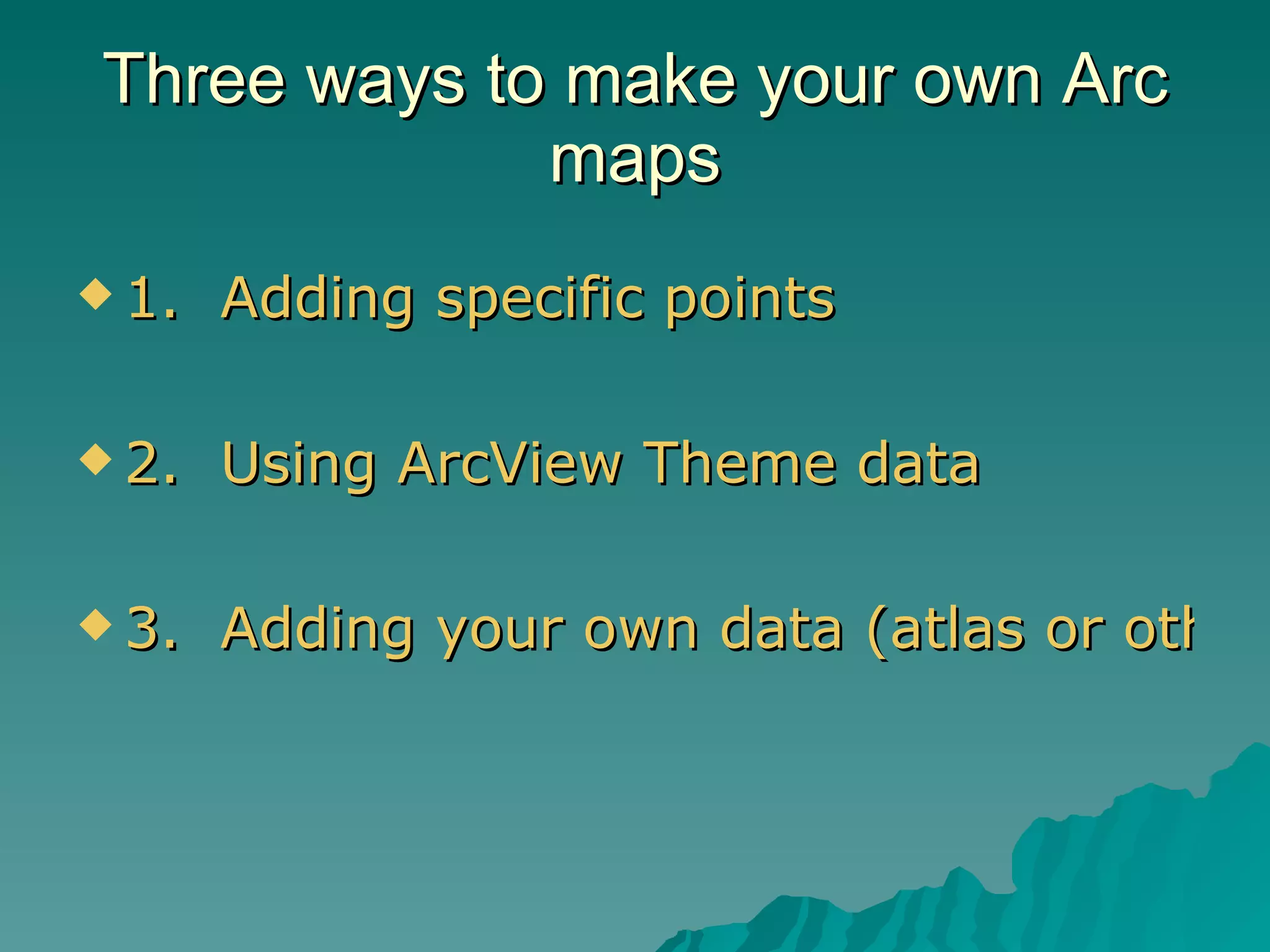 Three ways to make your own Arc maps 1.  Adding specific points 2.  Using  ArcView  Theme data 3.  Adding your own data (atlas or other source) 