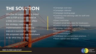 PEER-TO-PEER CASE STUDY
THE SOLUTION
Whether an organization is brand
new to P2P or is just in need of
a little extra support, CGC offers
the strategy, coaching, and
implementation necessary to
execute a successful campaign.
We empower staff and fundraisers
to do what they do best.
•	Campaign overview
•	Campaign calendar
•	Campaign landing page
•	Coaching and advising calls for staff and
fundraisers
•	Direct mail letter
•	Custom email templates for fundraisers
•	Custom email templates for organizations
•	Campaign banners
•	Social media posts
•	P2P fundraising kit
•	Fundraiser recruitment best practices
•	Team captain best practices
 