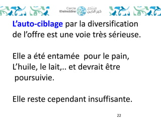 L’auto-ciblage par la diversification 
de l’offre est une voie très sérieuse. 
Elle a été entamée pour le pain, 
L’huile, le lait,.. et devrait être 
poursuivie. 
Elle reste cependant insuffisante. 
22 
 