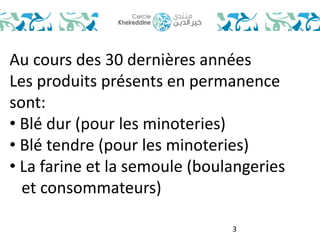 Au cours des 30 dernières années 
Les produits présents en permanence 
sont: 
• Blé dur (pour les minoteries) 
• Blé tendre (pour les minoteries) 
• La farine et la semoule (boulangeries 
et consommateurs) 
3 
 