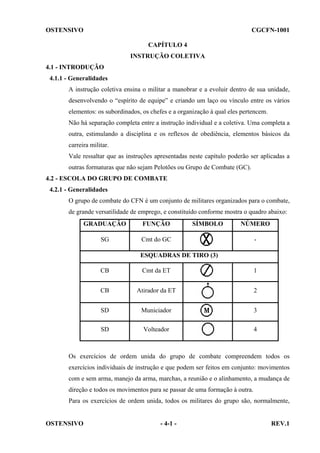 OSTENSIVO

CGCFN-1001
CAPÍTULO 4
INSTRUÇÃO COLETIVA

4.1 - INTRODUÇÃO
4.1.1 - Generalidades
A instrução coletiva ensina o militar a manobrar e a evoluir dentro de sua unidade,
desenvolvendo o “espírito de equipe” e criando um laço ou vínculo entre os vários
elementos: os subordinados, os chefes e a organização à qual eles pertencem.
Não há separação completa entre a instrução individual e a coletiva. Uma completa a
outra, estimulando a disciplina e os reflexos de obediência, elementos básicos da
carreira militar.
Vale ressaltar que as instruções apresentadas neste capítulo poderão ser aplicadas a
outras formaturas que não sejam Pelotões ou Grupo de Combate (GC).
4.2 - ESCOLA DO GRUPO DE COMBATE
4.2.1 - Generalidades
O grupo de combate do CFN é um conjunto de militares organizados para o combate,
de grande versatilidade de emprego, e constituído conforme mostra o quadro abaixo:
GRADUAÇÃO

FUNÇÃO

SG

SÍMBOLO

NÚMERO

Cmt do GC

-

ESQUADRAS DE TIRO (3)
CB

Cmt da ET

1

CB

Atirador da ET

2

SD

Municiador

3

SD

Volteador

4

Os exercícios de ordem unida do grupo de combate compreendem todos os
exercícios individuais de instrução e que podem ser feitos em conjunto: movimentos
com e sem arma, manejo da arma, marchas, a reunião e o alinhamento, a mudança de
direção e todos os movimentos para se passar de uma formação à outra.
Para os exercícios de ordem unida, todos os militares do grupo são, normalmente,

OSTENSIVO

- 4-1 -

REV.1

 