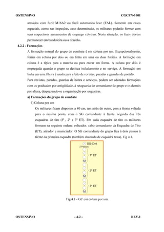 OSTENSIVO

CGCFN-1001

armados com fuzil M16A2 ou fuzil automático leve (FAL). Somente em casos
especiais, como nas inspeções, caso determinado, os militares poderão formar com
seus respectivos armamentos de emprego coletivo. Nesta situação, os fuzis devem
permanecer em bandoleira ou a tiracolo.
4.2.2 - Formações
A formação normal do grupo de combate é em coluna por um. Excepcionalmente,
forma em coluna por dois ou em linha em uma ou duas fileiras. A formação em
coluna é a típica para a marcha ou para entrar em forma. A coluna por dois é
empregada quando o grupo se desloca isoladamente e no serviço. A formação em
linha em uma fileira é usada para efeito de revistas, paradas e guardas de portaló.
Para revistas, paradas, guardas de honra e serviços, podem ser adotadas formações
com os graduados por antigüidade, à retaguarda do comandante de grupo e os demais
por altura, desprezando-se a organização por esquadras.
a) Formações do grupo de combate
I) Coluna por um
Os militares ficam dispostos a 80 cm, um atrás do outro, com a frente voltada
para o mesmo ponto, com o SG comandante à frente, seguido das três
esquadras de tiro (la , 2a e 3a ET). Em cada esquadra de tiro os militares
formam na seguinte ordem: volteador, cabo comandante da Esquadra de Tiro
(ET), atirador e municiador. O SG comandante do grupo fica à dois passos à
frente da primeira esquadra (também chamada de esquadra testa), Fig 4.1.

Fig 4.1 - GC em coluna por um

OSTENSIVO

- 4-2 -

REV.1

 