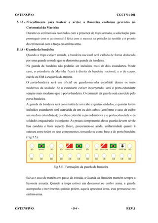 OSTENSIVO

CGCFN-1001

5.1.3 - Procedimento para hastear e arriar a Bandeira conforme previstos no
Cerimonial da Marinha
Durante os cerimoniais realizados com a presença de tropa armada, a solicitação para
prosseguir com o cerimonial é feita com a mesma na posição de sentido e o pronto
do cerimonial com a tropa em ombro arma.
5.1.4 - Guarda da bandeira
Quando a tropa estiver armada, a bandeira nacional será exibida de forma destacada
por uma guarda armada que se denomina guarda da bandeira.
Na guarda da bandeira não poderão ser incluídos mais de dois estandartes. Neste
caso, o estandarte da Marinha ficará à direita da bandeira nacional, e o do corpo,
escola ou OM à esquerda da mesma.
O porta-bandeira será um oficial ou guarda-marinha escolhido dentre os mais
modernos da unidade. Se o estandarte estiver incorporado, será o porta-estandarte
sempre mais moderno que o porta-bandeira. O comando da guarda será exercido pelo
porta-bandeira.
A guarda da bandeira será constituída de um cabo e quatro soldados, e quando forem
incluídos estandartes será acrescida de um ou dois cabos (conforme o caso de exibir
um ou dois estandartes); os cabos cobrirão o porta-bandeira e o porta-estandarte e os
soldados enquadrarão o conjunto. As praças componentes dessa guarda devem ser de
boa conduta e bom aspecto físico, procurando-se ainda, uniformidade quanto à
estatura entre todos os seus componentes, tomando-se como base a do porta-bandeira
(Fig 5.5).

Fig 5.5 - Formações da guarda da bandeira

Salvo o caso de marcha em passo de estrada, a Guarda da Bandeira mantém sempre a
baioneta armada. Quando a tropa estiver em descansar ou ombro arma, a guarda
acompanha o movimento; quando porém, aquela apresenta arma, esta permanece em
ombro-arma.

OSTENSIVO

- 5-4 -

REV.1

 