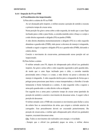 OSTENSIVO

CGCFN-1001

6.4.4 - Inspeção do FS ou FMB
a) Procedimentos dos inspecionados
I) Para abrir a culatra do FS ou FMB
Ao ser alcançado pelo inspetor, o militar assume a posição de sentido e executa
o primeiro tempo de cruzar arma.
Nesta posição faz girar a arma sobre a mão esquerda, de modo que o cano fique
inclinado para o chão e para frente, a coronha mantida entre o braço e o corpo e
a mão direita segurando o delgado (FS) ou punho (FMB).
A mão direita abandona momentaneamente o delgado (FS) ou a mão esquerda
abandona o guarda-mão (FMB), indo puxar a alavanca de manejo à retaguarda,
voltando a seguir a segurar o delgado (FS) ou o guarda-mão (FMB), deixando a
culatra aberta.
Conclui o movimento de cruzar-arma, permanecendo nessa posição até ser
inspecionado.
II) Para fechar a culatra
O militar armado com FS, depois de ultrapassado pelo oficial (ou graduado)
inspetor, faz girar a arma sobre a mão esquerda segurando-a pelo guarda-mão,
de modo que o cano fique inclinado para o chão, a coronha mantida
pressionada entre o braço e o corpo, a mão direita vai puxar a alavanca de
manejo à retaguarda. A mão esquerda desliza para a retaguarda de forma que o
polegar possa pressionar para baixo a mesa transportadora; o ferrolho é levado
lentamente à frente fechando-se a culatra. A mão esquerda volta a segurar a
arma pelo guarda-mão e a mão direita volta ao delgado.
Em seguida leva a arma para o primeiro tempo de cruzar arma (partindo da
posição de sentido) e conclui o movimento de descansar arma. A seguir volta à
posição de descansar.
O militar armado com o FMB não executará os movimentos para fechar a caixa
da culatra face as características da arma, que exigem a retirada anterior do
carregador. Este procedimento deverá ser executado posteriormente. Da
posição de cruzar-arma, o militar após ultrapassado pelo oficial (ou graduado)
inspetor, executará descansar arma.
Obs: Todos os movimentos são realizados com energia e vivacidade:
- Sempre que o oficial (ou graduado) pegue na arma, o militar abaixa

OSTENSIVO

- 6-15 -

REV.1

 