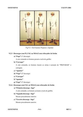 OSTENSIVO

CGCFN-1001

Fig 9.2 - Em Funeral, Preparar e Apontar

9.2.3 - Descargas com FS, FAL ou M16A2 sem reforçador de festim
a) “Fogo” (1ª descarga)
A este comando os homens puxam a tecla do gatilho.
b) “Carregar”
A este comando, os homens trazem as armas à posição de “PREPARAR” e
carregam.
c) “Apontar”
d) “Fogo” (2ª descarga)
e) “Carregar”
f) “Apontar”
g) “Fogo” (3ª descarga)
9.2.4 - Descargas com FAL ou M16A2 com reforçador de festim
a) “Primeira descarga - fogo”
A este comando, os homens acionam a tecla do gatilho.
b) “Segunda descarga - fogo”
Mesmo procedimento anterior.
c) “Terceira descarga - fogo”
Mesmo procedimento anterior.

OSTENSIVO

- 9-4 -

REV.1

 