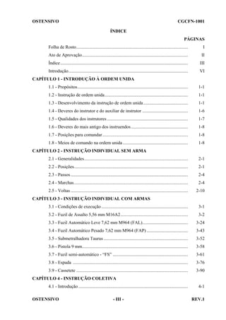 OSTENSIVO

CGCFN-1001
ÍNDICE
PÁGINAS

Folha de Rosto..................................................................................................

I

Ato de Aprovação.............................................................................................

II

Índice ................................................................................................................

III

Introdução.........................................................................................................

VI

CAPÍTULO 1 - INTRODUÇÃO À ORDEM UNIDA
1.1 - Propósitos.................................................................................................

1-1

1.2 - Instrução de ordem unida.........................................................................

1-1

1.3 - Desenvolvimento da instrução de ordem unida .......................................

1-1

1.4 - Deveres do instrutor e do auxiliar de instrutor ........................................

1-6

1.5 - Qualidades dos instrutores .......................................................................

1-7

1.6 - Deveres do mais antigo dos instruendos ..................................................

1-8

1.7 - Posições para comandar ...........................................................................

1-8

1.8 - Meios de comando na ordem unida .........................................................

1-8

CAPÍTULO 2 - INSTRUÇÃO INDIVIDUAL SEM ARMA
2.1 - Generalidades...........................................................................................

2-1

2.2 - Posições....................................................................................................

2-1

2.3 - Passos .......................................................................................................

2-4

2.4 - Marchas....................................................................................................

2-4

2.5 - Voltas .......................................................................................................

2-10

CAPÍTULO 3 - INSTRUÇÃO INDIVIDUAL COM ARMAS
3.1 - Condições de execução ............................................................................

3-1

3.2 - Fuzil de Assalto 5,56 mm M16A2 ...........................................................

3-2

3.3 - Fuzil Automático Leve 7,62 mm M964 (FAL)........................................

3-24

3.4 - Fuzil Automático Pesado 7,62 mm M964 (FAP) ....................................

3-43

3.5 - Submetralhadora Taurus ..........................................................................

3-52

3.6 - Pistola 9 mm.............................................................................................

3-58

3.7 - Fuzil semi-automático - “FS” ..................................................................

3-61

3.8 - Espada .....................................................................................................

3-76

3.9 - Cassetete ..................................................................................................

3-90

CAPÍTULO 4 - INSTRUÇÃO COLETIVA
4.1 - Introdução ................................................................................................
OSTENSIVO

- III -

4-1
REV.1

 