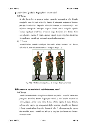OSTENSIVO

CGCFN-1001

j) Ombro-arma (partindo da posição de cruzar-arma)
I) 1o Tempo
A mão direita leva a arma ao ombro esquerdo, segurando-a pelo delgado,
carregador para fora e parte superior da alça de transporte para dentro, junto ao
pescoço; luva fixadora do guarda mão sobre o ombro, ao mesmo tempo a mão
esquerda vem apoiar a arma pela chapa da soleira, com as falanges e a palma,
ficando o polegar envolvendo o bico da chapa da soleira e os demais dedos
empunhando a mesma. O braço esquerdo tocando o corpo no plano das costas,
formando com o antebraço um ângulo aproximadamente reto.
II) 2o Tempo
A mão direita é retirada do delgado da coronha, vindo colar-se à coxa direita,
sem batê-la, num movimento rápido e enérgico (Fig 3.12).

Fig 3.12 - Ombro-arma (partindo da posição de cruzar-arma)

k) Descansar-arma (partindo da posição de cruzar-arma)
I) 1o Tempo
A mão direita abandona o delgado da coronha, enquanto a esquerda traz a arma
para junto do ombro direito, na posição vertical. A mão direita, na altura do
ombro, segura a arma, com a palma da mão sobre o suporte da massa de mira,
polegar entre o corpo e a arma, demais dedos unidos e estendidos em diagonal
à frente tocando a lateral superior do guarda mão. A mão esquerda fica com os
dedos unidos, sobre a bandoleira, polegar ao longo do guarda mão, na altura do
seu terço médio.
OSTENSIVO

- 3-12 -

REV.1

 