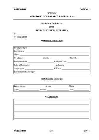 OSTENSIVO

CGCFN-12
ANEXO J
MODELO DE FICHA DE VIATURA OPERATIVA

MARINHA DO BRASIL
(OM)
FICHA DE VIATURA OPERATIVA
N° ___________
N° REGISTRO _________________________________
a) Dados de Identificação

Descrição/Tipo: ______________________________________________________________
Procedência: ________________________________________________________________
Marca: _____________________________________________________________________
N° Chassi: ___________________ Modelo: ___________________ Ano/Fab: ____________
Rodagem Diant: __________________________ Rodagem Tras.: ______________________
Bateria Dimensões: _________________________ Voltagem: ________________________
Amperagem: ____________________________ N° Placa: ____________________________
Equipamento Rádio/Tipo: ______________________________________________________

b) Dados para Embarque

Comprimento: __________________ Largura: ________________ Altura: ______________
Área: ____________________ Volume: ______________________ Peso: _______________

c) Observações

___________________________________________________________________________
___________________________________________________________________________
___________________________________________________________________________
___________________________________________________________________________
___________________________________________________________________________

OSTENSIVO

- J-1 -

REV. 1

 