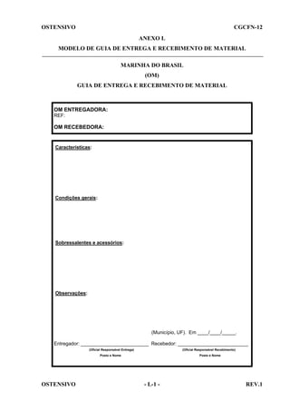 OSTENSIVO

CGCFN-12
ANEXO L

MODELO DE GUIA DE ENTREGA E RECEBIMENTO DE MATERIAL
MARINHA DO BRASIL
(OM)
GUIA DE ENTREGA E RECEBIMENTO DE MATERIAL

OM ENTREGADORA:
REF:

OM RECEBEDORA:

Características:

Condições gerais:

Sobressalentes e acessórios:

Observações:

(Município, UF). Em ____/____/_____.
Entregador: _________________________ Recebedor: __________________________
(Oficial Responsável Entrega)

(Oficial Responsável Recebimento)

Posto e Nome

OSTENSIVO

Posto e Nome

- L-1 -

REV.1

 
