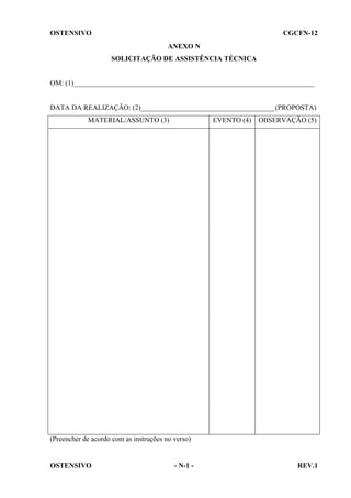 OSTENSIVO

CGCFN-12
ANEXO N
SOLICITAÇÃO DE ASSISTÊNCIA TÉCNICA

OM: (1)____________________________________________________________________

DATA DA REALIZAÇÃO: (2)______________________________________(PROPOSTA)
MATERIAL/ASSUNTO (3)

EVENTO (4)

OBSERVAÇÃO (5)

(Preencher de acordo com as instruções no verso)

OSTENSIVO

- N-1 -

REV.1

 