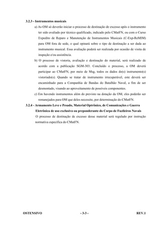 3.2.3 - Instrumentos musicais
a) As OM só deverão iniciar o processo de destinação de excesso após o instrumento
ter sido avaliado por técnico qualificado, indicado pelo CMatFN, ou com o Curso
Expedito de Reparo e Manutenção de Instrumentos Musicais (C-Exp-ReMIM)
para OM fora de sede, o qual opinará sobre o tipo de destinação a ser dada ao
instrumento musical. Essa avaliação poderá ser realizada por ocasião de visita de
inspeção e/ou assistência.
b) O processo de vistoria, avaliação e destinação do material, será realizado de
acordo com a publicação SGM-303. Concluído o processo, a OM deverá
participar ao CMatFN, por meio de Msg, todos os dados do(s) instrumento(s)
vistoriado(s). Quando se tratar de instrumento irrecuperável, este deverá ser
encaminhado para a Companhia de Bandas do Batalhão Naval, a fim de ser
desmontado, visando ao aproveitamento de possíveis componentes.
c) Em havendo instrumentos além do previsto na dotação da OM, eles poderão ser
remanejados para OM que deles necessite, por determinação do CMatFN.
3.2.4 - Armamento Leve e Pesado, Material Optrônico, de Comunicações e Guerra
Eletrônica de uso exclusivo ou preponderante do Corpo de Fuzileiros Navais
O processo de destinação de excesso desse material será regulado por instrução
normativa específica do CMatFN.

OSTENSIVO

- 3-3 -

REV.1

 