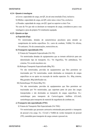 OSTENSIVO

CGCFN-12

4.2.4 - Quanto à tonelagem
a) Leves: capacidade de carga, em QT, de até uma tonelada (Ton), inclusive.
b) Médias: capacidade de carga, em QT, entre uma e cinco Ton, exclusive.
c) Pesadas: capacidade de carga, em QT, igual ou superior a cinco Ton.
No caso de Vtr que não se destinam ao transporte de carga, considera-se para a sua
tonelagem o peso da própria Vtr totalmente equipada.
4.2.5 - Quanto ao tipo
a) Especiais (Esp)
Vtr motorizadas, dotadas de características peculiares para atender ao
cumprimento de tarefas específicas. Ex.: carro de combate, VtrBld, Vtr oficina,
Vtr anticarro, Vtr de comunicações, motocicleta etc.
b) Transporte especializado (TE)
I) Viatura de Transporte Especializado (Vtr TE)
Vtr motorizadas dotadas de equipamentos que as tornam utilizáveis para um
determinado tipo de transporte. Ex.: Vtr frigorífica, Vtr ambulância, Vtr
cisterna, Vtr cavalo-mecânico etc.
II) Reboque Transporte Especializado (Rbq TE)
Vtr não motorizadas, providas de equipamentos que lhes permitem ser
tracionadas por Vtr motorizadas, sendo destinadas ao transporte de cargas
específicas ou ao apoio na execução de tarefas especiais. Ex.: Rbq cisterna,
Rbq gerador, Rbq lubrificador etc.
III) Semireboque TE (Semi-Rbq TE)
Vtr não motorizadas, providas de equipamentos que lhes permitem ser
tracionadas por Vtr motorizadas, que suportam parte do peso das cargas
transportadas e são destinadas ao transporte de cargas específicas. Ex.:
semireboque

para

transporte

de

Carros-Lagarta

Anfíbios

(CLAnf),

semireboque para transporte de material de engenharia de combate etc.
c) Transporte não especializado (TNE)
I) Viatura de Transporte Não Especializado (Vtr TNE)
Vtr motorizadas que possuem carroceria estruturada para permitir o transporte
de pessoal e/ou carga. Ex.: CLAnf e VtrBld da versão transporte de pessoal
(TP), caminhão para transporte de carga comum e pessoal etc.

OSTENSIVO

- 4-2 -

REV.1

 