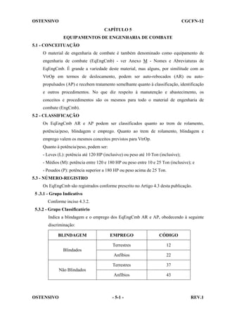 OSTENSIVO

CGCFN-12
CAPÍTULO 5
EQUIPAMENTOS DE ENGENHARIA DE COMBATE

5.1 - CONCEITUAÇÃO
O material de engenharia de combate é também denominado como equipamento de
engenharia de combate (EqEngCmb) - ver Anexo M - Nomes e Abreviaturas de
EqEngCmb. É grande a variedade deste material, mas alguns, por similitude com as
VtrOp em termos de deslocamento, podem ser auto-rebocados (AR) ou autopropulsados (AP) e recebem tratamento semelhante quanto à classificação, identificação
e outros procedimentos. No que diz respeito à manutenção e abastecimento, os
conceitos e procedimentos são os mesmos para todo o material de engenharia de
combate (EngCmb).
5.2 - CLASSIFICAÇÃO
Os EqEngCmb AR e AP podem ser classificados quanto ao trem de rolamento,
potência/peso, blindagem e emprego. Quanto ao trem de rolamento, blindagem e
emprego valem os mesmos conceitos previstos para VtrOp.
Quanto à potência/peso, podem ser:
- Leves (L): potência até 120 HP (inclusive) ou peso até 10 Ton (inclusive);
- Médios (M): potência entre 120 e 180 HP ou peso entre 10 e 25 Ton (inclusive); e
- Pesados (P): potência superior a 180 HP ou peso acima de 25 Ton.
5.3 - NÚMERO-REGISTRO
Os EqEngCmb são registrados conforme prescrito no Artigo 4.3 desta publicação.
5 .3.1 - Grupo Indicativo
Conforme inciso 4.3.2.
5.3.2 - Grupo Classificatório
Indica a blindagem e o emprego dos EqEngCmb AR e AP, obedecendo à seguinte
discriminação:
BLINDAGEM

EMPREGO

CÓDIGO

Terrestres

12

Anfíbios

22

Terrestres

37

Anfíbios

43

Blindados

Não Blindados

OSTENSIVO

- 5-1 -

REV.1

 