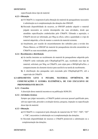 OSTENSIVO

CGCFN-12

especificação desse tipo de material.
6.2.3 - Obtenção
a) O CMatFN é o responsável pela obtenção do material de paraquedismo necessário
à substituição ou à complementação das dotações das OMASP.
b) Havendo disponibilidade de recursos, as OMASP poderão adquirir o material
julgado necessário ao correto desempenho das suas atividades, desde que
atendidas especificações estabelecidas pelo CMatFN. Efetuada a aquisição, o
CMatFN deverá ser informado, por Msg ou ofício, sobre a quantidade e o tipo de
material adquirido, a fim de manter o controle do material existente.
c) Anualmente, por ocasião do encaminhamento dos subsídios para a revisão dos
Planos Básicos, as OMASP do material de paraquedismo deverão encaminhar ao
CMatFN as suas necessidades, priorizadas.
6.2.4 - Recebimento e distribuição
a) As tarefas inerentes ao recebimento do material de paraquedismo adquirido pelo
CMatFN serão realizadas pelo CRepSupEspCFN, que, recebendo esse tipo de
material, solicitará, por Msg, ao CMatFN, com cópia para o BtlOpEspFuzNav, o
comparecimento de elemento técnico para auxiliá-lo na tarefa de recebimento.
b) A distribuição dos paraquedas será executada pelo CRepSupEspCFN, sob a
supervisão do CMatFN.
6.3-ARMAMENTO

LEVE

E

PESADO,

MATERIAL

OPTRÔNICO,

DE

COMUNICAÇÕES E GUERRA ELETRÔNICA, DE USO EXCLUSIVO OU
PREPONDERANTE DO CFN
6.3.1 - Conceitos
A descrição desse material encontra-se na publicação SGM-201.
6.3.2 - Atividades técnicas
Sempre que julgar necessário, o CMatFN poderá convocar pessoal qualificado para,
sob sua supervisão, proceder a avaliação técnica, pesquisa, inspeção ou especificação
desse tipo de material.
6.3.3 - Obtenção
a) O CMatFN é o responsável pela obtenção do material dos SJ “OA”, “OD”, “OF”
e “OK”, necessários à substituição ou à complementação das dotações.
b) Havendo disponibilidade de recursos o CMatFN promoverá a substituição ou a
complementação das dotações.

OSTENSIVO

- 6-3 -

REV.1

 
