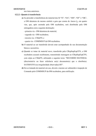 OSTENSIVO
nos itens anteriores.

CGCFN-12

12.2.2 - Quanto à transferência
a) Ao proceder a transferência de material dos SJ “O”, “OA”, “OD”, “OF” e “OK”,
a OM detentora do mesmo emitirá a guia que consta do Anexo L, em quatro
vias, que, após assinada pela OM recebedora, será distribuída pela OM
entregadora com a seguinte destinação:
- primeira via - OM detentora do material;
- segunda via - OM recebedora;
- terceira via - CMatFN; e
- quarta via - COMIMSUP da OM recebedora.
b) O material ao ser transferido deverá estar acompanhado de sua documentação
básica e acessórios.
c) Quando se tratar de material novo, transferido pelo CRepSupEspCFN, a OM
recebedora acusará recebimento, transmitindo mensagem ao CRepSupEspCFN,
com cópia ao CMatFN, utilizando o seguinte texto: "RECEBIDO MATERIAL
(discriminá-lo ou fazer referência ao(s) documento(s) que o distribuiu).
SATISFEITO (ou irregularidade observadas) BT".
d) Em se tratando de material em uso, deverá o mesmo ser submetido à inspeção de
Comando pelo COMIMSUP da OM recebedora, para ratificação.

OSTENSIVO

- 12-2 -

REV 1

 