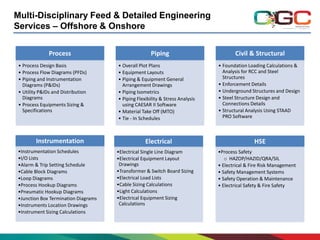 Multi-Disciplinary Feed & Detailed Engineering
Services – Offshore & Onshore
Process
• Process Design Basis
• Process Flow Diagrams (PFDs)
• Piping and Instrumentation
Diagrams (P&IDs)
• Utility P&IDs and Distribution
Diagrams
• Process Equipments Sizing &
Specifications

Instrumentation
•Instrumentation Schedules
•I/O Lists
•Alarm & Trip Setting Schedule
•Cable Block Diagrams
•Loop Diagrams
•Process Hookup Diagrams
•Pneumatic Hookup Diagrams
•Junction Box Termination Diagrams
•Instruments Location Drawings
•Instrument Sizing Calculations

Piping
• Overall Plot Plans
• Equipment Layouts
• Piping & Equipment General
Arrangement Drawings
• Piping Isometrics
• Piping Flexibility & Stress Analysis
using CAESAR II Software
• Material Take Off (MTO)
• Tie - In Schedules

Electrical
•Electrical Single Line Diagram
•Electrical Equipment Layout
Drawings
•Transformer & Switch Board Sizing
•Electrical Load Lists
•Cable Sizing Calculations
•Light Calculations
•Electrical Equipment Sizing
Calculations

Civil & Structural
• Foundation Loading Calculations &
Analysis for RCC and Steel
Structures
• Enforcement Details
• Underground Structures and Design
• Steel Structure Design and
Connections Details
• Structural Analysis Using STAAD
PRO Software

HSE
•Process Safety
o HAZOP/HAZID/QRA/SIL
• Electrical & Fire Risk Management
• Safety Management Systems
• Safety Operation & Maintenance
• Electrical Safety & Fire Safety

 