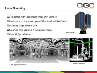 Laser Scanning
360 degree high speed laser phase shift scanners
Captures precision survey grade 3D point clouds (+/- 3mm)
Scanning range of up to 75m
Scanning time approx 3-4 minutes per scan
Class 3R Eye safe Laser

360 degree laser scan

Z+F Imager

Clash Detection

 