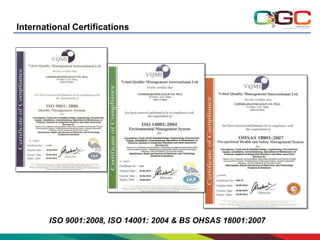 International Certifications

ISO 9001:2008, ISO 14001: 2004 & BS OHSAS 18001:2007

 