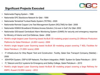 Significant Projects Executed
• Nationwide Paging System - 1996
• Nationwide OFC Backbone Network for Qtel - 1999
• Nationwide Terrestrial Trunked Radio System (TETRA) - 2005
• Nationwide Remote Copper Line Test Management System (RCLTMS) for Qtel - 2006
• Nationwide WiMAX Broadband Wireless Access Solution (1st ever in Gulf ) for Qtel- 2002
• Nationwide GIS-based Centralized Alarm Monitoring System (CAMS) for security and emergency response
for Ministry of Interior and Civil Defense, Qatar - 2008
• World’s single largest Laser Scanning based As-Built 3D modeling project covering 23 Offshore Production
Platforms for Qatar Petroleum (4,400+ scans) - 2006
• World’s single largest Laser Scanning based As-Built 3D modeling project covering 7 NGL Facilities for
Qatar Petroleum (11,000+ scans) -2008
•

IT infrastructure for Ship Repair Yard and Construction Facility, Qatar Gas Transport Company (Nakilat) 2009

•

SDH/PDH System, OSP & ISP Network, Fire Alarm Integration, PABX System for Qatar Petroleum – 2010

•

IT, Telecom and ELV systems for Emergency and Safety College, Qatar Petroleum – 2010

• World’s single largest Laser Scanning based As-Built 3D modeling project covering a large Refinery for
KNPC, Kuwait (12,000+ scans) - 2012

 