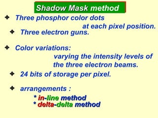   Three phosphor color dots  at each pixel position.   Three electron guns.   Color variations:   varying the intensity levels of  the three electron beams.   24 bits of storage per pixel.   arrangements : *  in - line  method *  delta - delta  method Shadow Mask  method 