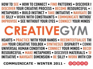 HOW TO SEE


BE



 CREATIVEGYM
                            R


                                TA
                       BE
 COMMUINICATE - WINTER 2011 -
 