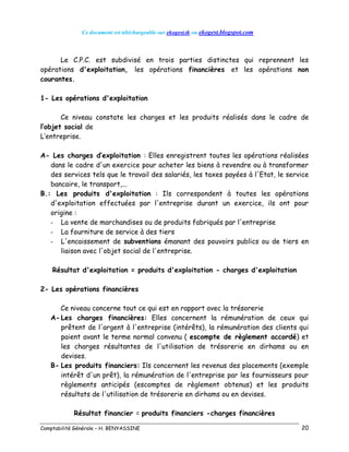 Ce document est téléchargeable sur ekogest.tk ou ekogest.blogspot.com
Comptabilité Générale – H. BENYASSINE 20
Le C.P.C. est subdivisé en trois parties distinctes qui reprennent les
opérations d'exploitation, les opérations financières et les opérations non
courantes.
1- Les opérations d'exploitation
Ce niveau constate les charges et les produits réalisés dans le cadre de
l’objet social de
L’entreprise.
A- Les charges d’exploitation : Elles enregistrent toutes les opérations réalisées
dans le cadre d'un exercice pour acheter les biens à revendre ou à transformer
des services tels que le travail des salariés, les taxes payées à l'Etat, le service
bancaire, le transport,...
B.: Les produits d'exploitation : Ils correspondent à toutes les opérations
d'exploitation effectuées par l'entreprise durant un exercice, ils ont pour
origine :
- La vente de marchandises ou de produits fabriqués par l'entreprise
- La fourniture de service à des tiers
- L'encaissement de subventions émanant des pouvoirs publics ou de tiers en
liaison avec l'objet social de l'entreprise.
Résultat d'exploitation = produits d'exploitation - charges d'exploitation
2- Les opérations financières
Ce niveau concerne tout ce qui est en rapport avec la trésorerie
A- Les charges financières: Elles concernent la rémunération de ceux qui
prêtent de l'argent à l'entreprise (intérêts), la rémunération des clients qui
paient avant le terme normal convenu ( escompte de règlement accordé) et
les charges résultantes de l'utilisation de trésorerie en dirhams ou en
devises.
B- Les produits financiers: Ils concernent les revenus des placements (exemple
intérêt d'un prêt), la rémunération de l'entreprise par les fournisseurs pour
règlements anticipés (escomptes de règlement obtenus) et les produits
résultats de l'utilisation de trésorerie en dirhams ou en devises.
Résultat financier = produits financiers -charges financières
 