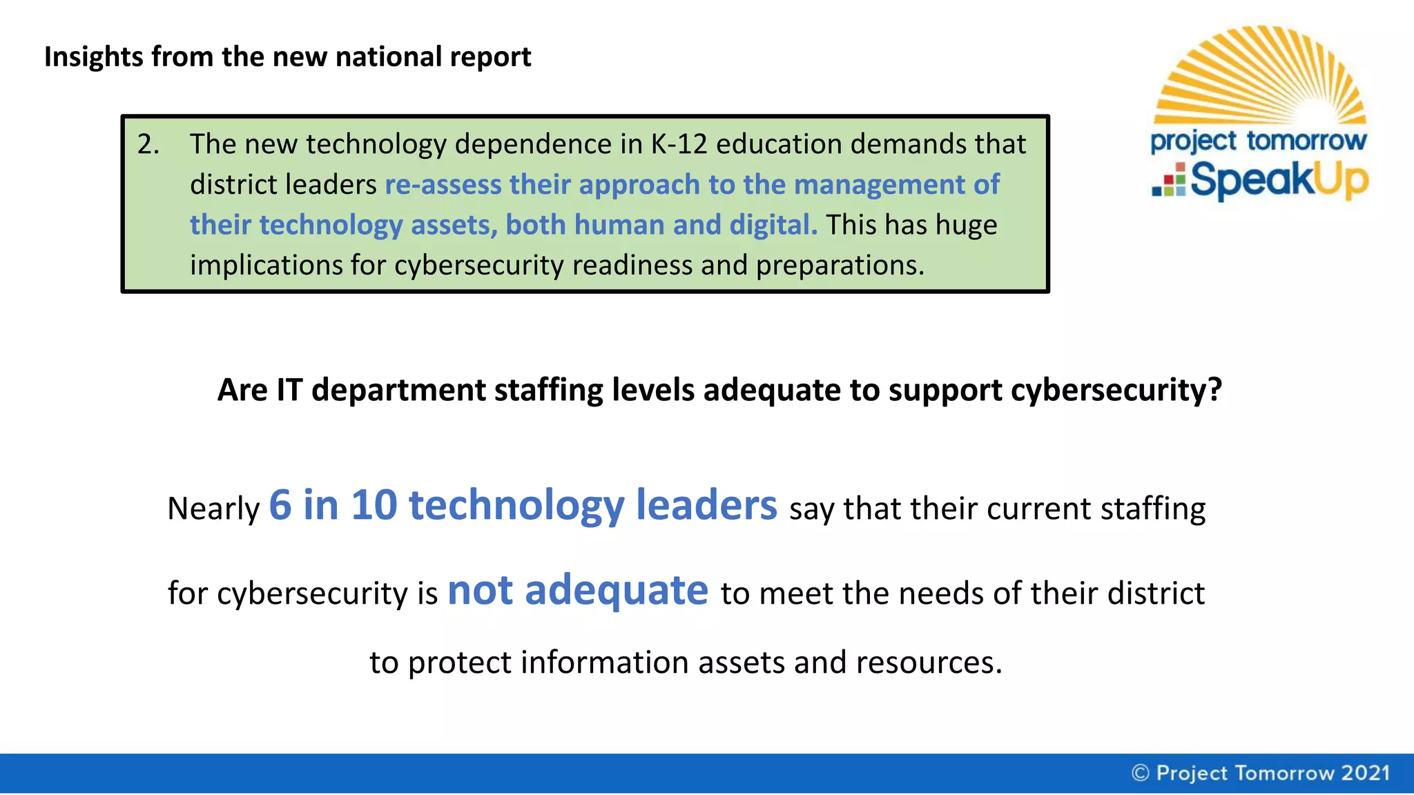 Insights from the new national report
2. The new technology dependence in K-12 education demands that
district leaders re-assess their approach to the management of
their technology assets, both human and digital. This has huge
implications for cybersecurity readiness and preparations.
Are IT department staffing levels adequate to support cybersecurity?
Nearly 6 in 10 technology leaders say that their current staffing
for cybersecurity is not adequate to meet the needs of their district
to protect information assets and resources.
 