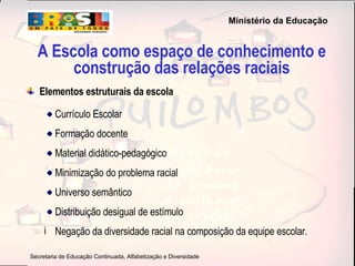 A Escola como espaço de conhecimento e construção das relações raciais Elementos estruturais da escola Currículo Escolar Formação docente Material didático-pedagógico Minimização do problema racial Universo semântico Distribuição desigual de estímulo Negação da diversidade racial na composição da equipe escolar. 