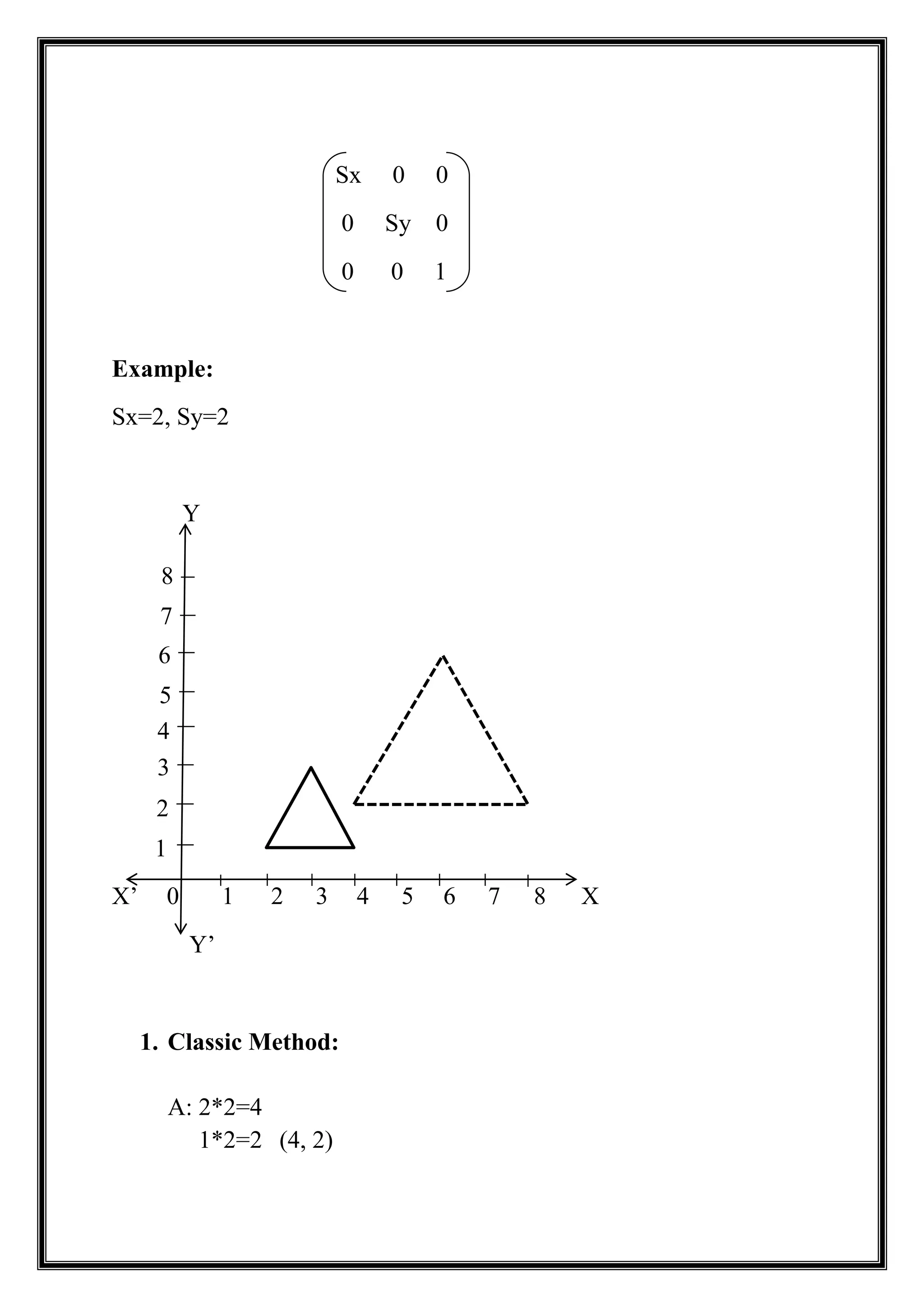 Sx 0 0
0 Sy 0
0 0 1
Example:
Sx=2, Sy=2
Y
X’ 0 1 2 3 4 5 6 7 8 X
Y’
1. Classic Method:
A: 2*2=4
1*2=2 (4, 2)
1
5
4
3
2
6
8
7
 