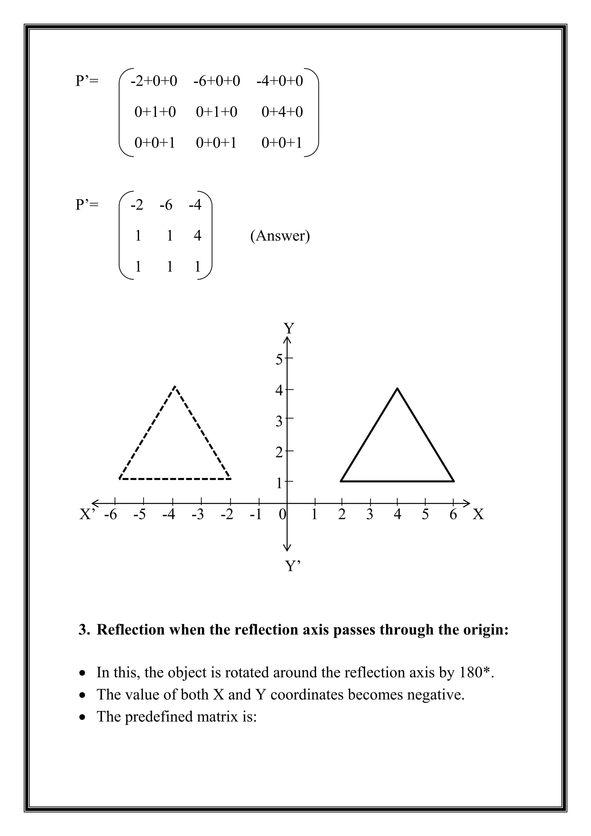 P’= -2+0+0 -6+0+0 -4+0+0
0+1+0 0+1+0 0+4+0
0+0+1 0+0+1 0+0+1
P’= -2 -6 -4
1 1 4 (Answer)
1 1 1
Y
5
4
3
2
1
X’ -6 -5 -4 -3 -2 -1 0 1 2 3 4 5 6 X
Y’
3. Reflection when the reflection axis passes through the origin:
 In this, the object is rotated around the reflection axis by 180*.
 The value of both X and Y coordinates becomes negative.
 The predefined matrix is:
 