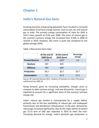 Chapter 1

India’s Natural Gas facts

Growing economy and growing population have resulted in increased
consumption of primary energy sources, such as coal, oil, and natural
gas in India. The primary energy consumption of India for 2010 is
524.2 mtoe, growth of 9.2% over 2009. The share of natural gas in
the country’s primary energy mix increased from 9.36% in 2009 to
10.62% in 2010. However, this share is quite low compared to the
global average (24%).

Table 1 Natural Gas facts-India

                At the end of            At the end of         Percentage
                 2009 (bcm)               2010 (bcm)             Change
 Proved Reserve     1074                     1437                  3.4
    Onshore                287                 829
    Offshore               787                 609
 Production                39.2               50.2                 29.7
 Consumption                51                61.9                 21.5
Source: BP statistical Review 2011; & Basics of Statistics on Indian Petroleum
and Natural Gas 2009-10

Going forward, given its increasing availability, cheaper price as
compare to other primary energy and new discoveries natural gas is
expected to account for a significant share of the country’s primary
energy mix.

India’s natural gas market is characterized by a supply deficit,
primarily due to the low availability of natural gas and inadequate
transmission and distribution infrastructure. In the past, demand for
natural gas increased significantly. Due to this major deficit of natural
gas 12.15 bcm of LNG was imported in 2010 to meet the ever-
increasing demand for energy. India’s domestic gas production in

                                                                                 5
 