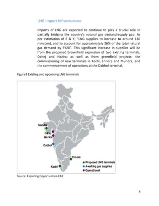 LNG Import Infrastructure

               Imports of LNG are expected to continue to play a crucial role in
               partially bridging the country’s natural gas demand-supply gap. As
               per estimation of E & Y, “LNG supplies to increase to around 140
               mmscmd, and to account for approximately 26% of the total natural
               gas demand by FY20”. This significant increase in supplies will be
               from the proposed brownfield expansion of two existing terminals,
               Dahej and Hazira; as well as from greenfield projects; the
               commissioning of new terminals in Kochi, Ennore and Mundra; and
               the commencement of operations at the Dabhol terminal.

Figure2 Existing and upcoming LNG terminals




Source: Exploring Opportunities-E&Y



                                                                                8
 