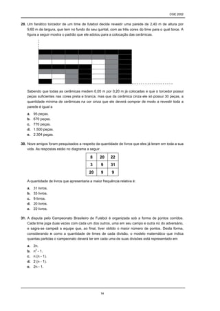 CGE 2052


29. Um fanático torcedor de um time de futebol decide revestir uma parede de 2,40 m de altura por
    9,60 m de largura, que tem no fundo do seu quintal, com as três cores do time para o qual torce. A
    figura a seguir mostra o padrão que ele adotou para a colocação das cerâmicas.




   Sabendo que todas as cerâmicas medem 0,05 m por 0,20 m já colocadas e que o torcedor possui
   peças suficientes nas cores preta e branca, mas que da cerâmica cinza ele só possui 30 peças, a
   quantidade mínima de cerâmicas na cor cinza que ele deverá comprar de modo a revestir toda a
   parede é igual a

   a.   95 peças.
   b.   670 peças.
   c.   770 peças.
   d.   1.500 peças.
   e.   2.304 peças.

30. Nove amigos foram pesquisados a respeito da quantidade de livros que eles já leram em toda a sua
    vida. As respostas estão no diagrama a seguir.

                                           8     20     22
                                           3      9     31
                                          20      9      9

   A quantidade de livros que apresentaria a maior frequência relativa é:

   a.   31 livros.
   b.   33 livros.
   c.   9 livros.
   d.   20 livros.
   e.   22 livros.

31. A disputa pelo Campeonato Brasileiro de Futebol é organizada sob a forma de pontos corridos.
    Cada time joga duas vezes com cada um dos outros, uma em seu campo e outra no do adversário,
    e sagra-se campeã a equipe que, ao final, tiver obtido o maior número de pontos. Desta forma,
    considerando n como a quantidade de times de cada divisão, o modelo matemático que indica
    quantas partidas o campeonato deverá ter em cada uma de suas divisões está representado em

   a.   2n.
   b.   n2 - 1.
   c.   n (n - 1).
   d.   2 (n - 1).
   e.   2n - 1.




                                                  14
 