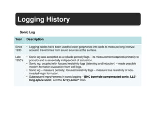 Logging History
   Sonic Log

Year     Description

Since    • Logging cables have been used to lower geophones into wells to measure long-interval
1930       acoustic travel times from sound sources at the surface.

Late     • Sonic log was accepted as a reliable porosity logs – its measurement responds primarily to
1950’s     porosity and is essentially independent of saturation.
         • Sonic log, coupled with focused resistivity logs (laterolog and induction) – made possible
           modern formation evaluation from well logs.
         • Sonic log – measure porosity; focused resistivity logs – measure true resistivity of non-
           invaded virgin formation.
         • Subsequent improvements in sonic logging – BHC borehole compensated sonic, LLS*
           long-space sonic, and the Array-sonic* tools.
 