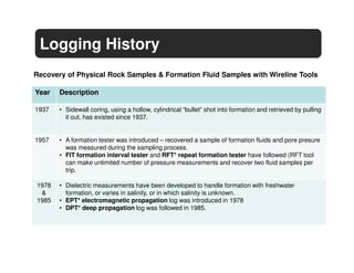 Logging History
Recovery of Physical Rock Samples & Formation Fluid Samples with Wireline Tools

Year   Description

1937   • Sidewall coring, using a hollow, cylindrical “bullet” shot into formation and retrieved by pulling
         it out, has existed since 1937.


1957   • A formation tester was introduced – recovered a sample of formation fluids and pore presure
         was measured during the sampling process.
       • FIT formation interval tester and RFT* repeat formation tester have followed (RFT tool
         can make unlimited number of pressure measurements and recover two fluid samples per
         trip.

1978   • Dielectric measurements have been developed to handle formation with freshwater
 &       formation, or varies in salinity, or in which salinity is unknown.
1985   • EPT* electromagnetic propagation log was introduced in 1978
       • DPT* deep propagation log was followed in 1985.
 