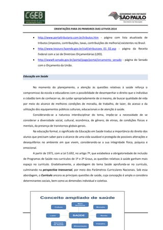 ORIENTAÇÕES PARA OS PRIMEIROS DIAS LETIVOS 2014



http://www.portaltributario.com.br/tributos.htm - página com lista atualizada de
tributos (impostos, contribuições, taxas, contribuições de melhoria) existentes no Brasil.



http://www.tesouro.fazenda.gov.br/siaf/atribuicoes_01_02.asp - página da Receita
Federal com a Lei de Diretrizes Orçamentárias (LDO).



http://www9.senado.gov.br/portal/page/portal/orcamento_senado - página do Senado
com o Orçamento da União.

Educação em Saúde

No momento do planejamento, a atenção às questões relativas à saúde reforça o
compromisso da escola e educadores com a possibilidade de desempenhar o direito que o indivíduo
e cidadão tem de conhecer-se, de cuidar apropriadamente de si mesmo, de buscar qualidade de vida
por meio do alcance de melhores condições de moradia, de trabalho, de lazer, do acesso e da
utilização dos equipamentos públicos culturais, educacionais e de atenção à saúde.
Considerando-se a natureza interdisciplinar do tema, impõe-se a necessidade de se
considerar a diversidade social, cultural, econômica, de gênero, de etnias, de condições físicas e
mentais, da presença de transtornos globais gerais.
Na educação formal, o significado da Educação em Saúde traduz a importância do direito dos
alunos que precisam saber para o alcance de uma vida saudável e protegida de possíveis alterações e
desequilíbrios no ambiente em que vivem, considerando-se a sua integridade física, psíquica e
emocional.
A partir de 1971, com a Lei 5.692, no artigo 7º, que estabelece a obrigatoriedade de inclusão
de Programas de Saúde nos currículos de 1º e 2º Graus, as questões relativas à saúde ganham mais
espaço no currículo. Gradativamente, a abordagem do tema Saúde aprofunda-se no currículo,
culminando na perspectiva transversal, por meio dos Parâmetros Curriculares Nacionais. Sob essa
abordagem, o Currículo ancora as principais questões de saúde, cuja concepção é ampla e considera
determinantes sociais, bem como as dimensões individual e coletiva.

Conceito ampliado de saúde
Meio
Ambiente
Cultura

Lazer

Moradia

Página 119
SAÚDE de 202

Serviços
de Saúde

Renda

Trabalho
Alimentação

 