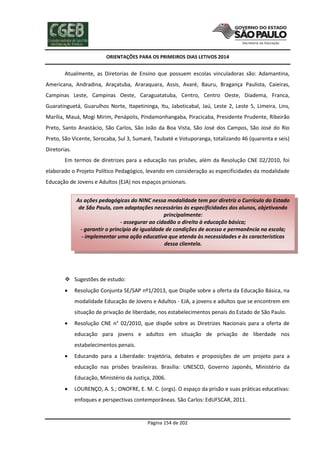 ORIENTAÇÕES PARA OS PRIMEIROS DIAS LETIVOS 2014

Atualmente, as Diretorias de Ensino que possuem escolas vinculadoras são: Adamantina,
Americana, Andradina, Araçatuba, Araraquara, Assis, Avaré, Bauru, Bragança Paulista, Caieiras,
Campinas Leste, Campinas Oeste, Caraguatatuba, Centro, Centro Oeste, Diadema, Franca,
Guaratinguetá, Guarulhos Norte, Itapetininga, Itu, Jaboticabal, Jaú, Leste 2, Leste 5, Limeira, Lins,
Marília, Mauá, Mogi Mirim, Penápolis, Pindamonhangaba, Piracicaba, Presidente Prudente, Ribeirão
Preto, Santo Anastácio, São Carlos, São João da Boa Vista, São José dos Campos, São José do Rio
Preto, São Vicente, Sorocaba, Sul 3, Sumaré, Taubaté e Votuporanga, totalizando 46 (quarenta e seis)
Diretorias.
Em termos de diretrizes para a educação nas prisões, além da Resolução CNE 02/2010, foi
elaborado o Projeto Político Pedagógico, levando em consideração as especificidades da modalidade
Educação de Jovens e Adultos (EJA) nos espaços prisionais.
As ações pedagógicas do NINC nessa modalidade tem por diretriz o Currículo do Estado
de São Paulo, com adaptações necessárias às especificidades dos alunos, objetivando
principalmente:
- assegurar ao cidadão o direito à educação básica;
- garantir o princípio de igualdade de condições de acesso e permanência na escola;
- implementar uma ação educativa que atenda às necessidades e às características
dessa clientela.

 Sugestões de estudo:


Resolução Conjunta SE/SAP nº1/2013, que Dispõe sobre a oferta da Educação Básica, na
modalidade Educação de Jovens e Adultos - EJA, a jovens e adultos que se encontrem em
situação de privação de liberdade, nos estabelecimentos penais do Estado de São Paulo.



Resolução CNE n° 02/2010, que dispõe sobre as Diretrizes Nacionais para a oferta de
educação para jovens e adultos em situação de privação de liberdade nos
estabelecimentos penais.



Educando para a Liberdade: trajetória, debates e proposições de um projeto para a
educação nas prisões brasileiras. Brasília: UNESCO, Governo Japonês, Ministério da
Educação, Ministério da Justiça, 2006.



LOURENÇO, A. S.; ONOFRE, E. M. C. (orgs). O espaço da prisão e suas práticas educativas:
enfoques e perspectivas contemporâneas. São Carlos: EdUFSCAR, 2011.

Página 154 de 202

 