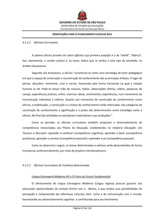 GOVERNO DO ESTADO DE SÃO PAULO
                                    SECRETARIA DE ESTADO DA EDUCAÇÃO
                                   Coordenadoria de Gestão da Educação Básica

                           ORIENTAÇÕES PARA O PLANEJAMENTO ESCOLAR 2013


4.1.2.2    Oficinas Curriculares



          A palavra oficina provém do Latim officina cuja primeira acepção é a de “ateliê”, “fábrica”.
Daí, obviamente, o caráter prático e, às vezes, lúdico que se atribui a este tipo de atividade, no
âmbito educacional.

          Segundo Léa Anastasiou, a oficina “caracteriza-se como uma estratégia do fazer pedagógico
em que o espaço de construção e reconstrução do conhecimento são as principais ênfases. É lugar de
pensar, descobrir, reinventar, criar e recriar, favorecido pela forma horizontal na qual a relação
humana se dá. Pode-se lançar mão de músicas, textos, observações diretas, vídeos, pesquisas de
campo, experiências práticas, enfim, vivenciar ideias, sentimentos, experiências, num movimento de
reconstrução individual e coletiva. Quanto aos momentos de construção do conhecimento numa
oficina, a mobilização, a construção e a síntese do conhecimento estão imbricadas. Das categorias da
construção do conhecimento a significação e a práxis são determinantes numa estratégia como a
oficina. No final das atividades os estudantes materializam suas produções.” ·.

          Como se percebe, as oficinas curriculares também propiciam o desenvolvimento de
competências relacionadas aos Pilares da Educação, estabelecidos no relatório Educação: Um
Tesouro a Descobrir: aprender a conhecer (competência cognitiva), aprender a fazer (competência
produtiva), aprender a conviver (competência pessoal) e aprender a ser (competência pessoal).

          Como se observará a seguir, os temas determinados e eletivos serão desenvolvidos de forma
transversal, preferencialmente, por meio de projetos interdisciplinares.




4.1.2.3    Oficinas Curriculares de Temática Determinada


          Língua Estrangeira Moderna (4º e 5º Anos do Ensino Fundamental)

          O oferecimento de Língua Estrangeira Moderna (Língua Inglesa) procura garantir aos
educandos oportunidades de contato formal com o idioma, o que amplia suas possibilidades de
percepção e compreensão das diferenças culturais, bem como a de comunicação com o mundo,
favorecendo seu desenvolvimento cognitivo e contribuindo para seu letramento.

                                               Página 67 de 116
 