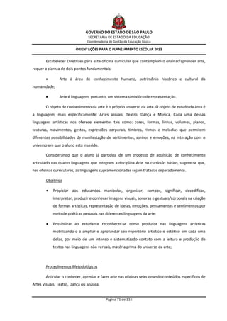 GOVERNO DO ESTADO DE SÃO PAULO
                                SECRETARIA DE ESTADO DA EDUCAÇÃO
                               Coordenadoria de Gestão da Educação Básica

                         ORIENTAÇÕES PARA O PLANEJAMENTO ESCOLAR 2013


       Estabelecer Diretrizes para esta oficina curricular que contemplem o ensinar/aprender arte,
requer a clareza de dois pontos fundamentais:

              Arte é área de conhecimento humano, patrimônio histórico e cultural da
humanidade;

              Arte é linguagem, portanto, um sistema simbólico de representação.

       O objeto de conhecimento da arte é o próprio universo da arte. O objeto de estudo da área é
a linguagem, mais especificamente: Artes Visuais, Teatro, Dança e Música. Cada uma dessas
linguagens artísticas nos oferece elementos tais como: cores, formas, linhas, volumes, planos,
texturas, movimentos, gestos, expressões corporais, timbres, ritmos e melodias que permitem
diferentes possibilidades de manifestação de sentimentos, sonhos e emoções, na interação com o
universo em que o aluno está inserido.

       Considerando que o aluno já participa de um processo de aquisição de conhecimento
articulado nas quatro linguagens que integram a disciplina Arte no currículo básico, sugere-se que,
nas oficinas curriculares, as linguagens supramencionadas sejam tratadas separadamente.

       Objetivos

          Propiciar aos educandos manipular, organizar, compor, significar, decodificar,
           interpretar, produzir e conhecer imagens visuais, sonoras e gestuais/corporais na criação
           de formas artísticas, representação de ideias, emoções, pensamentos e sentimentos por
           meio de poéticas pessoais nas diferentes linguagens da arte;

          Possibilitar ao estudante reconhecer-se como produtor nas linguagens artísticas
           mobilizando-o a ampliar e aprofundar seu repertório artístico e estético em cada uma
           delas, por meio de um intenso e sistematizado contato com a leitura e produção de
           textos nas linguagens não verbais, matéria prima do universo da arte;



       Procedimentos Metodológicos

       Articular o conhecer, apreciar e fazer arte nas oficinas selecionando conteúdos específicos de
Artes Visuais, Teatro, Dança ou Música.


                                           Página 71 de 116
 