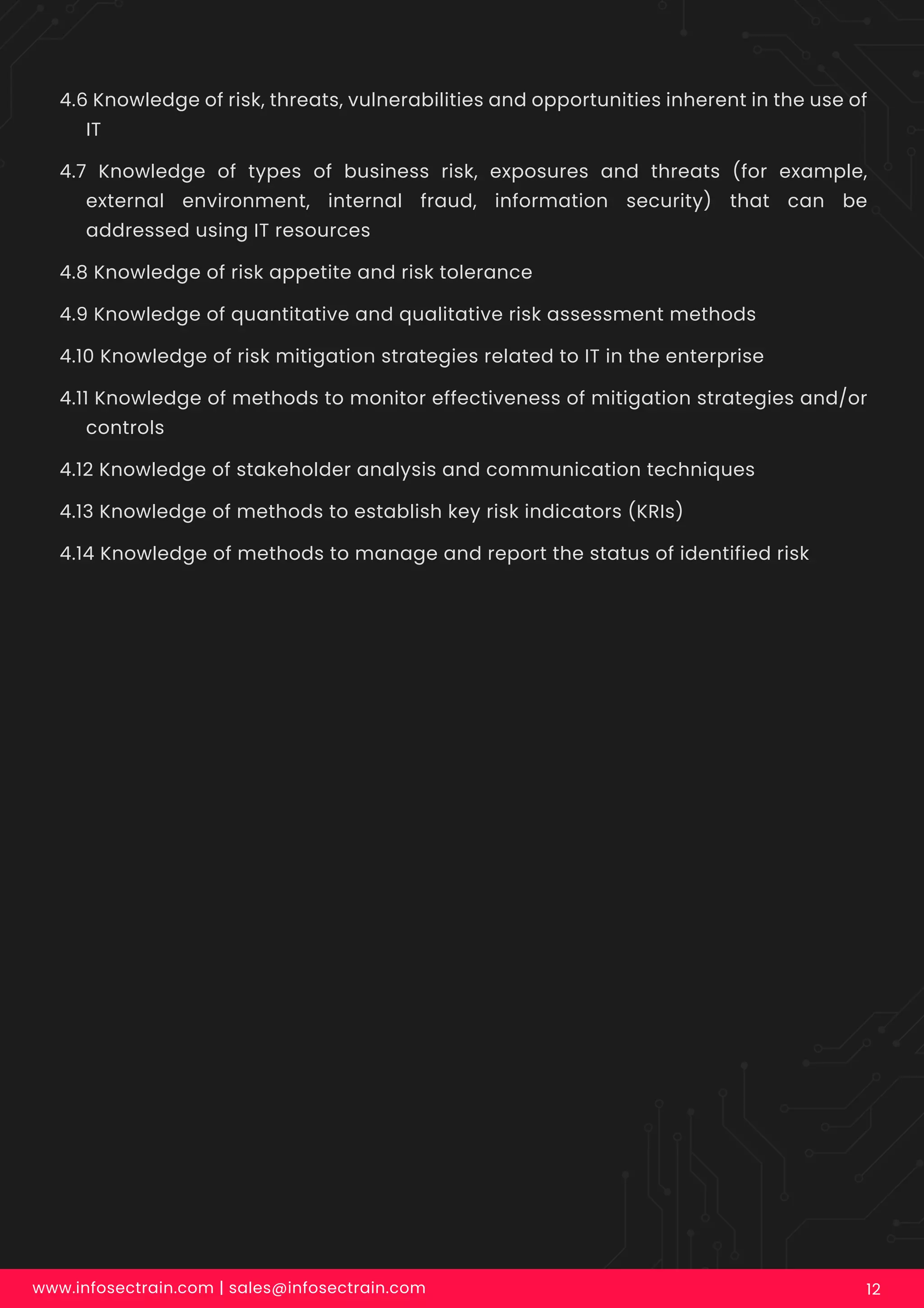 4.6 Knowledge of risk, threats, vulnerabilities and opportunities inherent in the use of
IT
4.7 Knowledge of types of business risk, exposures and threats (for example,
external environment, internal fraud, information security) that can be
addressed using IT resources
4.8 Knowledge of risk appetite and risk tolerance
4.9 Knowledge of quantitative and qualitative risk assessment methods
4.10 Knowledge of risk mitigation strategies related to IT in the enterprise
4.11 Knowledge of methods to monitor effectiveness of mitigation strategies and/or
controls
4.12 Knowledge of stakeholder analysis and communication techniques
4.13 Knowledge of methods to establish key risk indicators (KRIs)
4.14 Knowledge of methods to manage and report the status of identified risk
www.infosectrain.com | sales@infosectrain.com 12
 