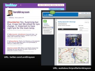 URL: twitter.com/LordDrayson




                               URL: audioboo.fm/profile/lorddrayson
 