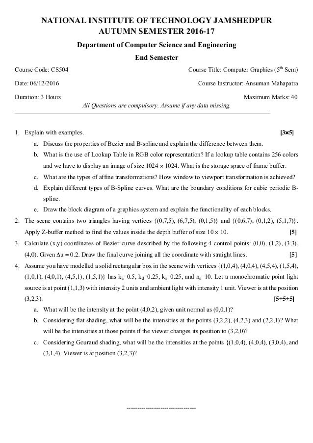 Computer Graphics End Semester Question Paper Computer Graphics End Semester Question Paper
